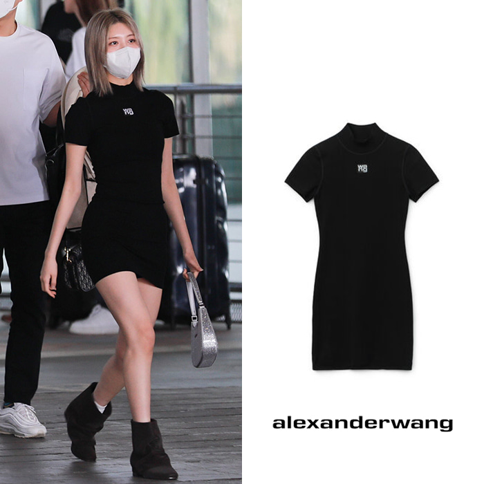 alexanderwang 바디콘 니트 모크 넥 티셔츠 블랙 드레스 (가을 착용)