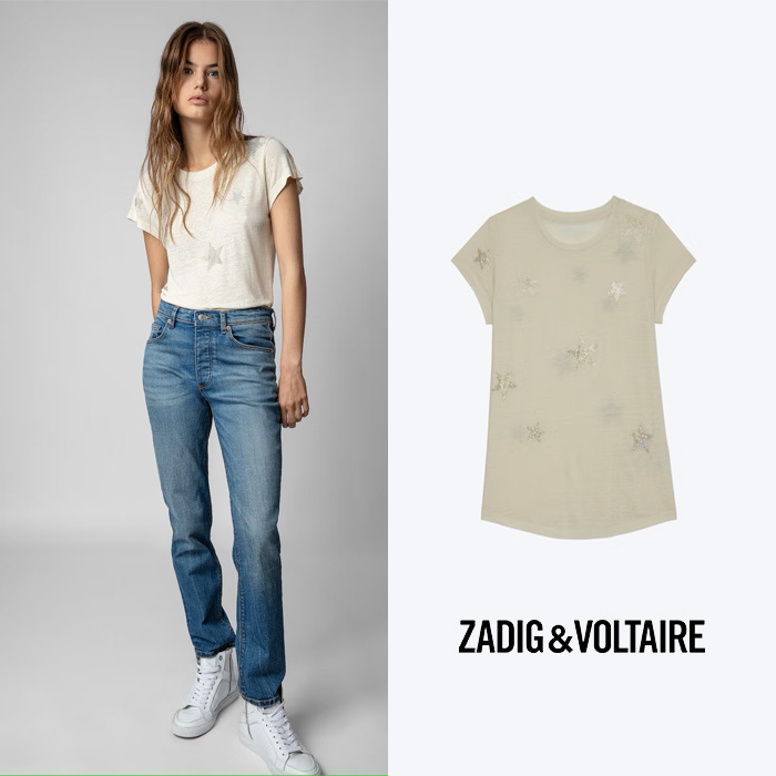 ZADIG&amp;VOLTAIRE 쟈딕앤볼테르 핑크 스키니 스타 라인스톤 티셔츠