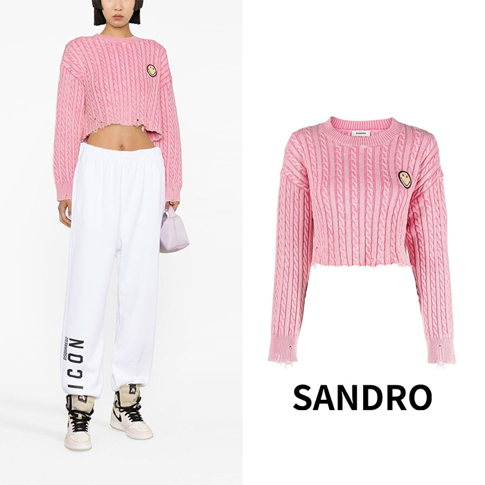 sandro 산드로 핑크 크롭 스마일리 스웨터