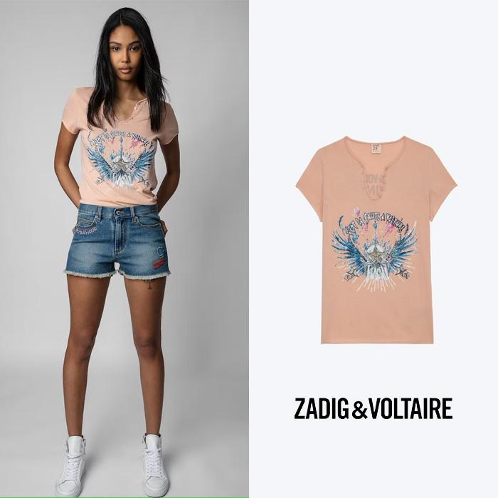 ZADIG&amp;VOLTAIRE 쟈딕앤볼테르 핑크 튀니지 기타 스트라스 티셔츠