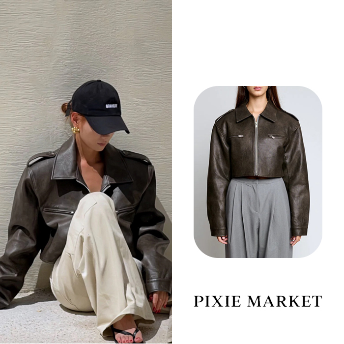 PIXIE MARKET 픽시마켓 크롭 브라운 바이커 재킷