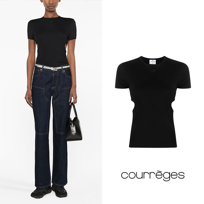 courreges 쿠레주 로고 자수 반소매 블랙 티셔츠