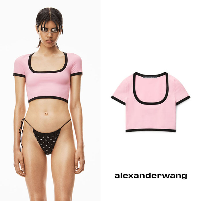 alexanderwang 알렉산더왕 핑크 컴팩트 나일론 소재의 콘트라스트 스쿠프 넥 티셔츠