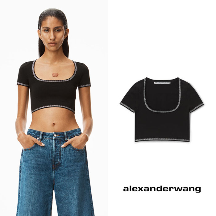 alexanderwang 알렉산더왕 블랙 컴팩트 나일론 소재의 로고 크리스탈 트리밍 티셔츠