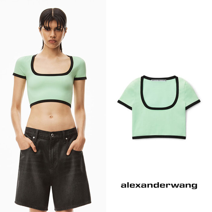 alexanderwang 알렉산더왕 그린 컴팩트 나일론 소재의 콘트라스트 스쿠프 넥 티셔츠