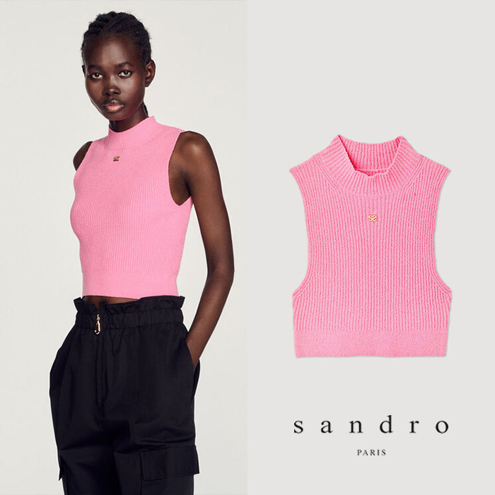SANDRO 산드로 쇼트 골지 민소매 핑크 스웨터