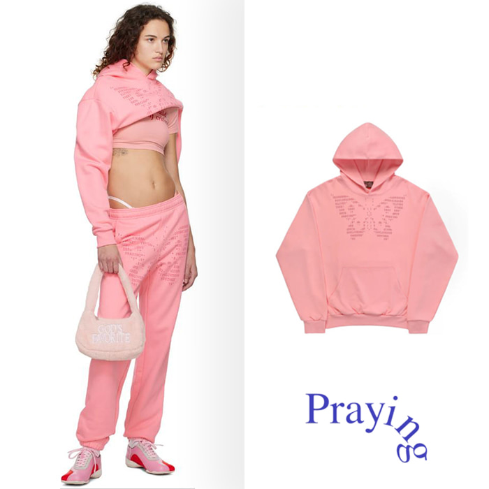 Praying 프레잉 오버사이즈 핑크 버터플라이 후드 티셔츠